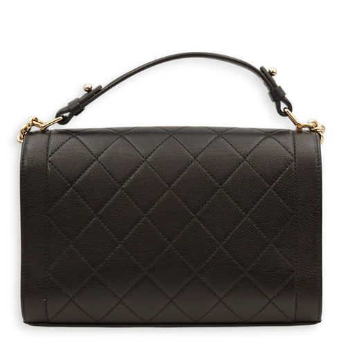 Click Label Flap Black Top Handle Bag in Calfskin, Gold hardware