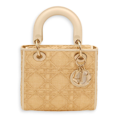 Lady Dior Beige Top Handle Bag in Raffia/Calfskin, Gold hardware