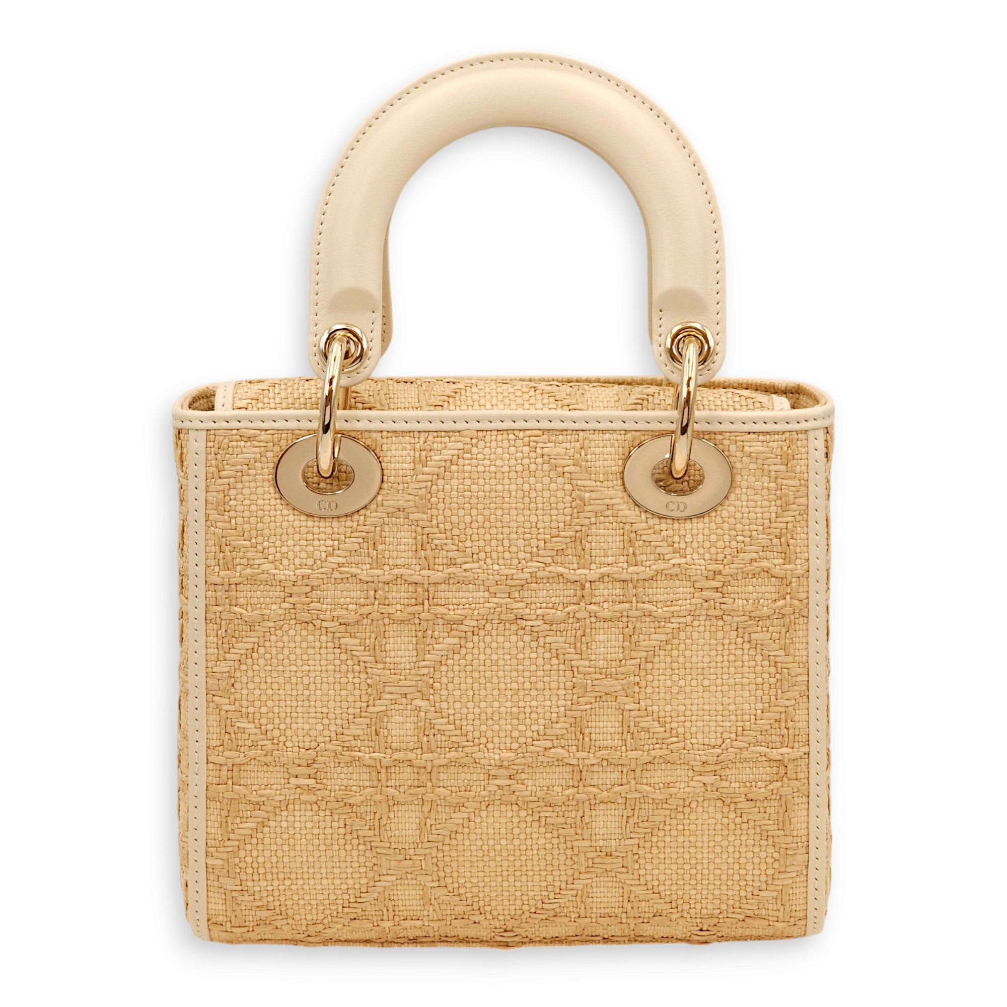 Lady Dior Beige Top Handle Bag in Raffia/Calfskin, Gold hardware