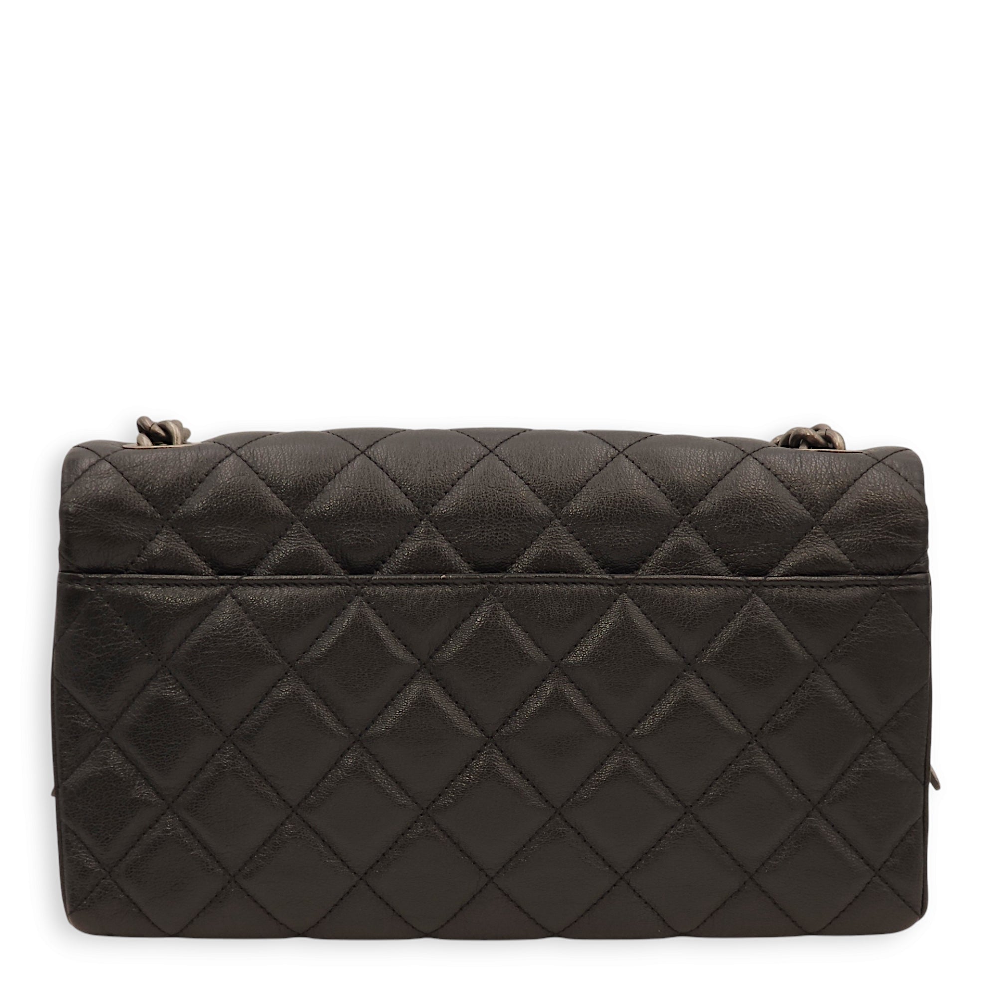 Quilted City Rock Flap Black Shoulder Bag in Chevre Leather, Ruthenium hardware