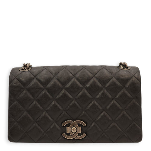 Quilted City Rock Flap Black Shoulder Bag in Chevre Leather, Ruthenium hardware