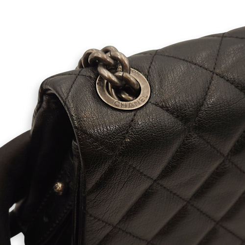 Quilted City Rock Flap Black Shoulder Bag in Chevre Leather, Ruthenium hardware