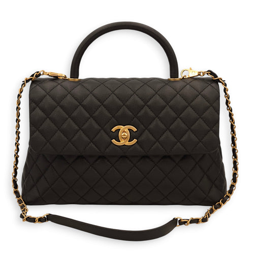 Coco Large Black Top Handle Bag in Caviar Leather, Gold hardware