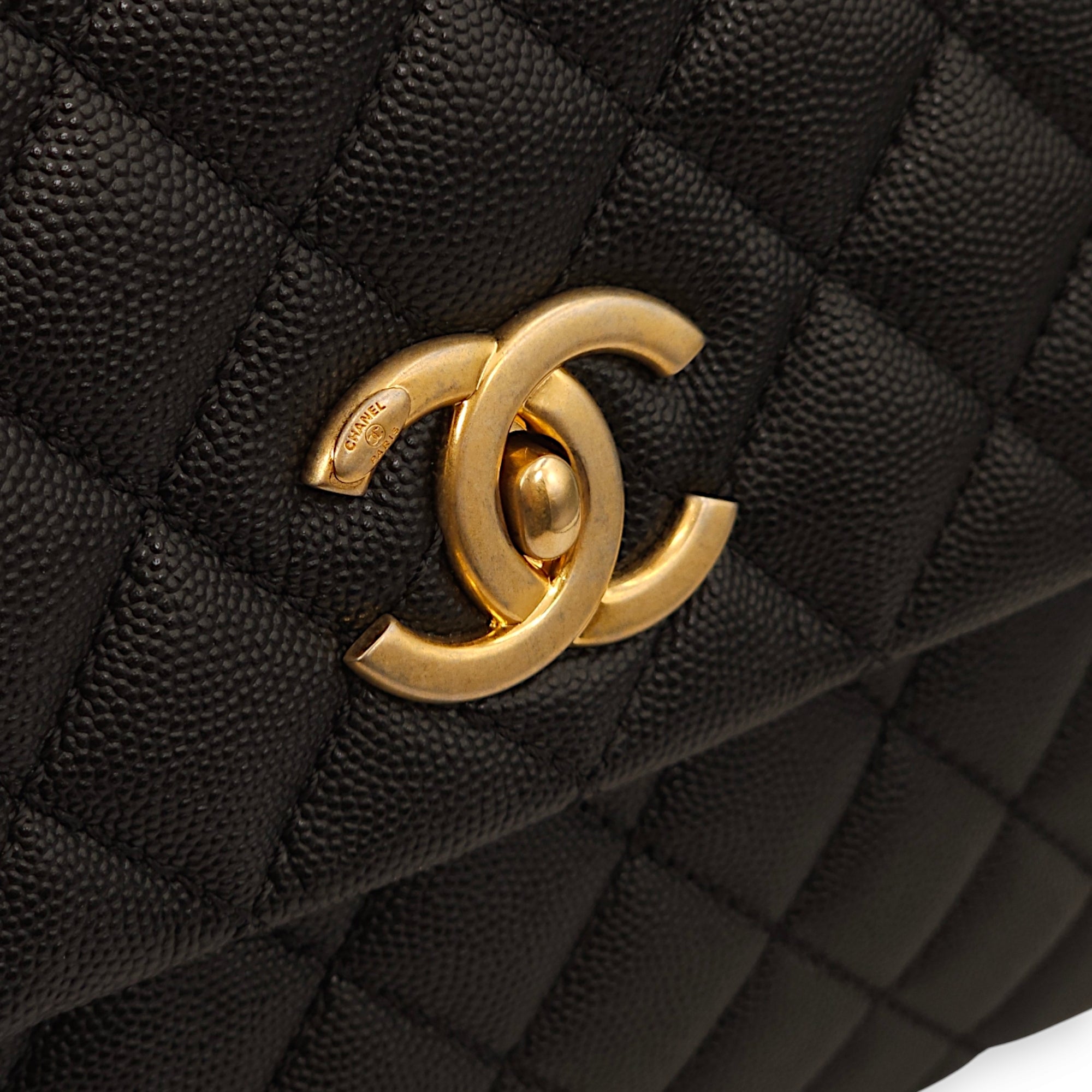 Coco Large Black Top Handle Bag in Caviar Leather, Gold hardware