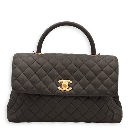 Coco Large Black Top Handle Bag in Caviar Leather, Gold hardware