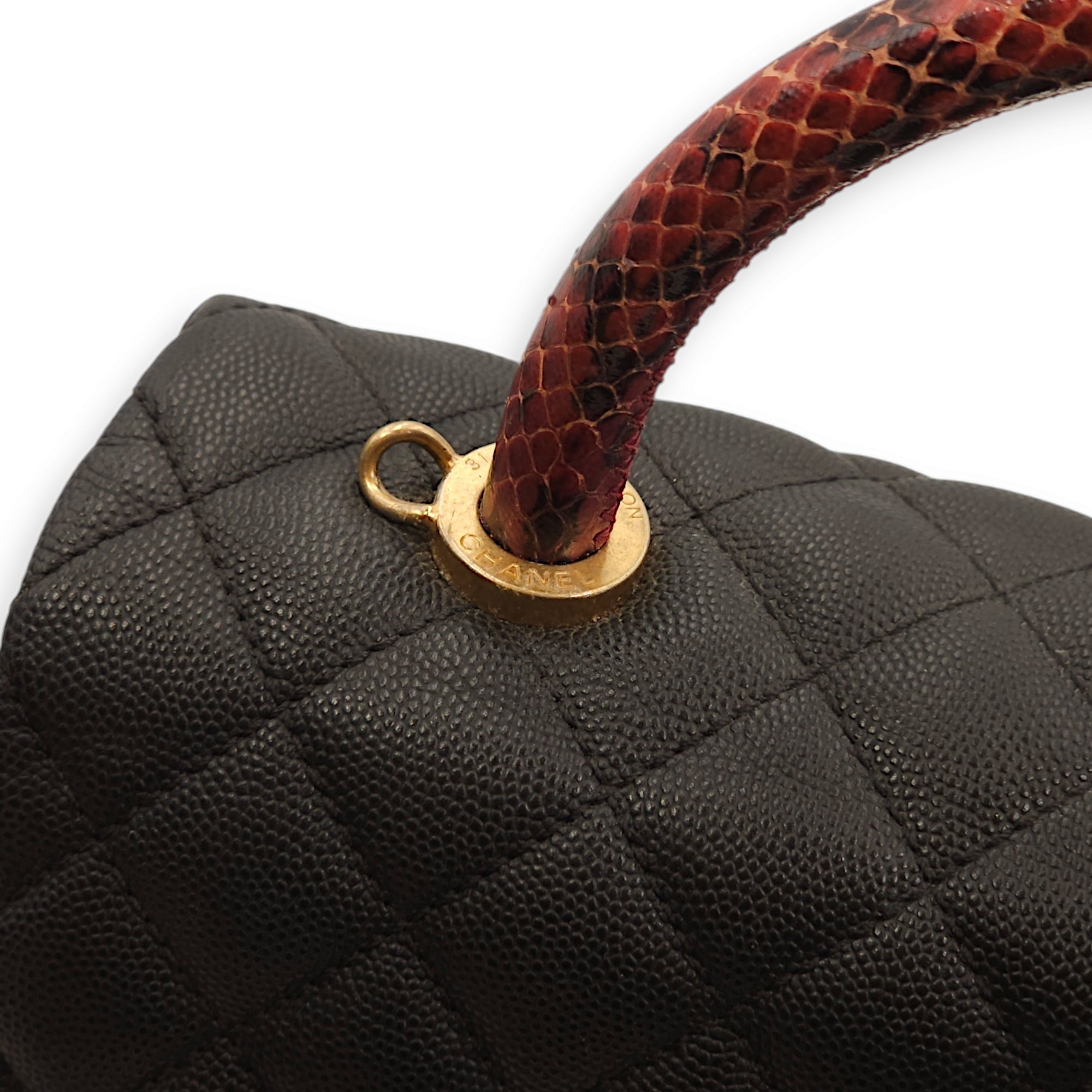 Coco Medium Black Top Handle Bag in Caviar Leather/Python Leather, Gold hardware