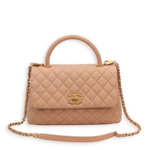 Coco Medium Beige Top Handle Bag in Caviar Leather, Gold hardware