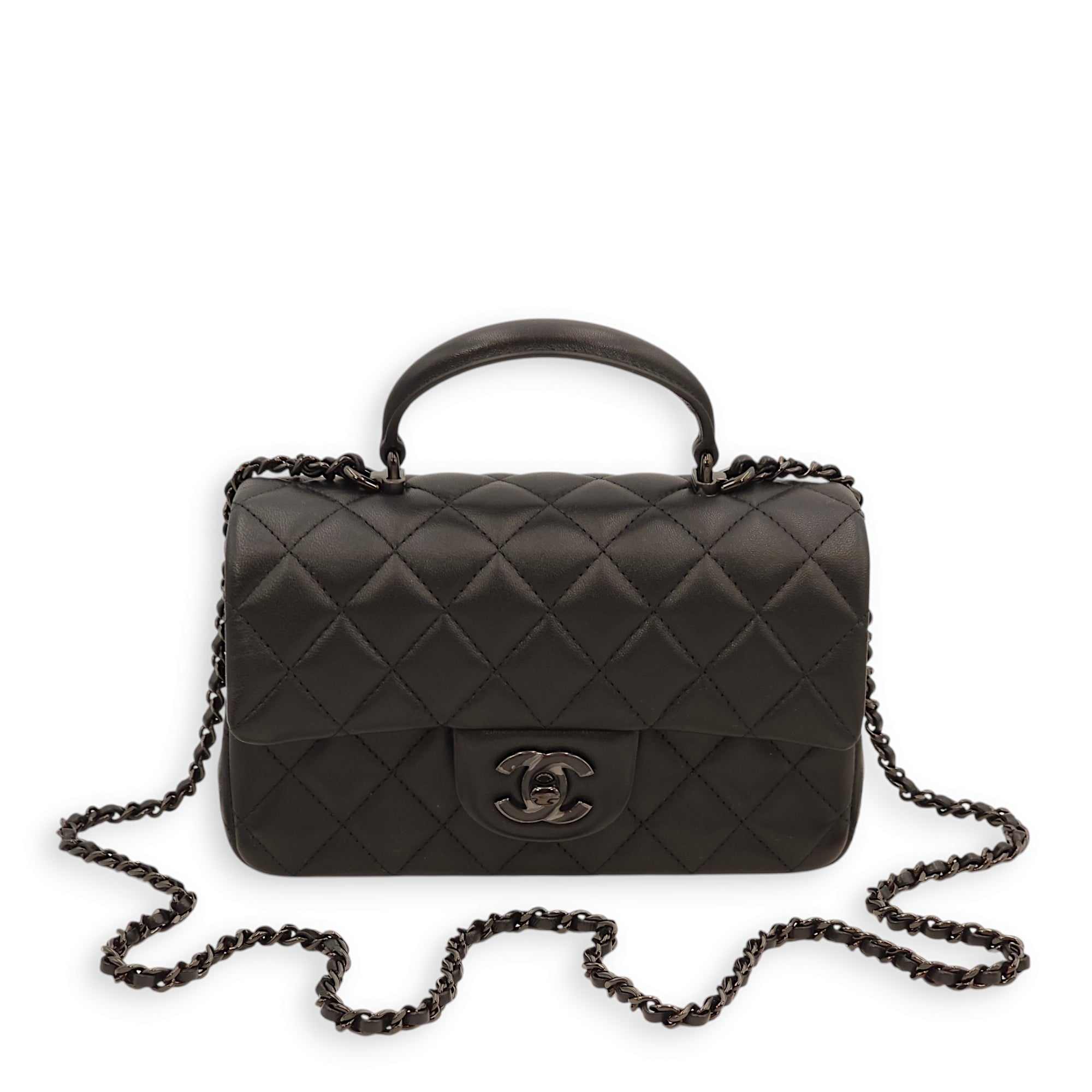 Classic Rectangle Mini Black Top Handle Bag in Lambskin, Gunmetal hardware