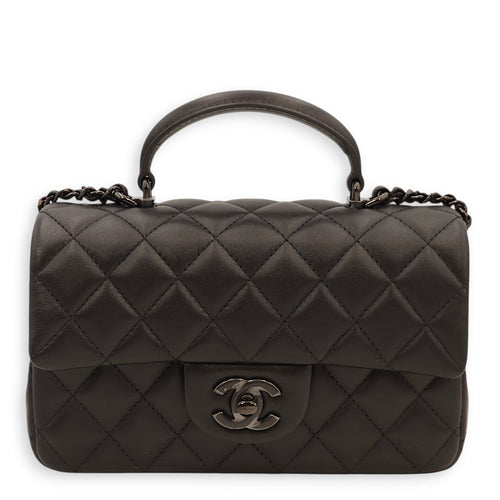 Classic Rectangle Mini Black Top Handle Bag in Lambskin, Gunmetal hardware