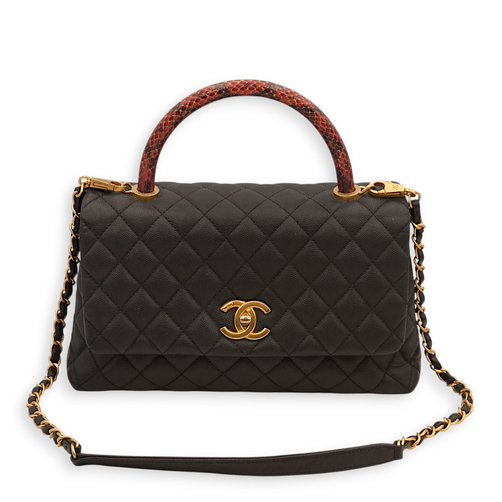 Coco Medium Black Top Handle Bag in Caviar Leather/Python Leather, Gold hardware