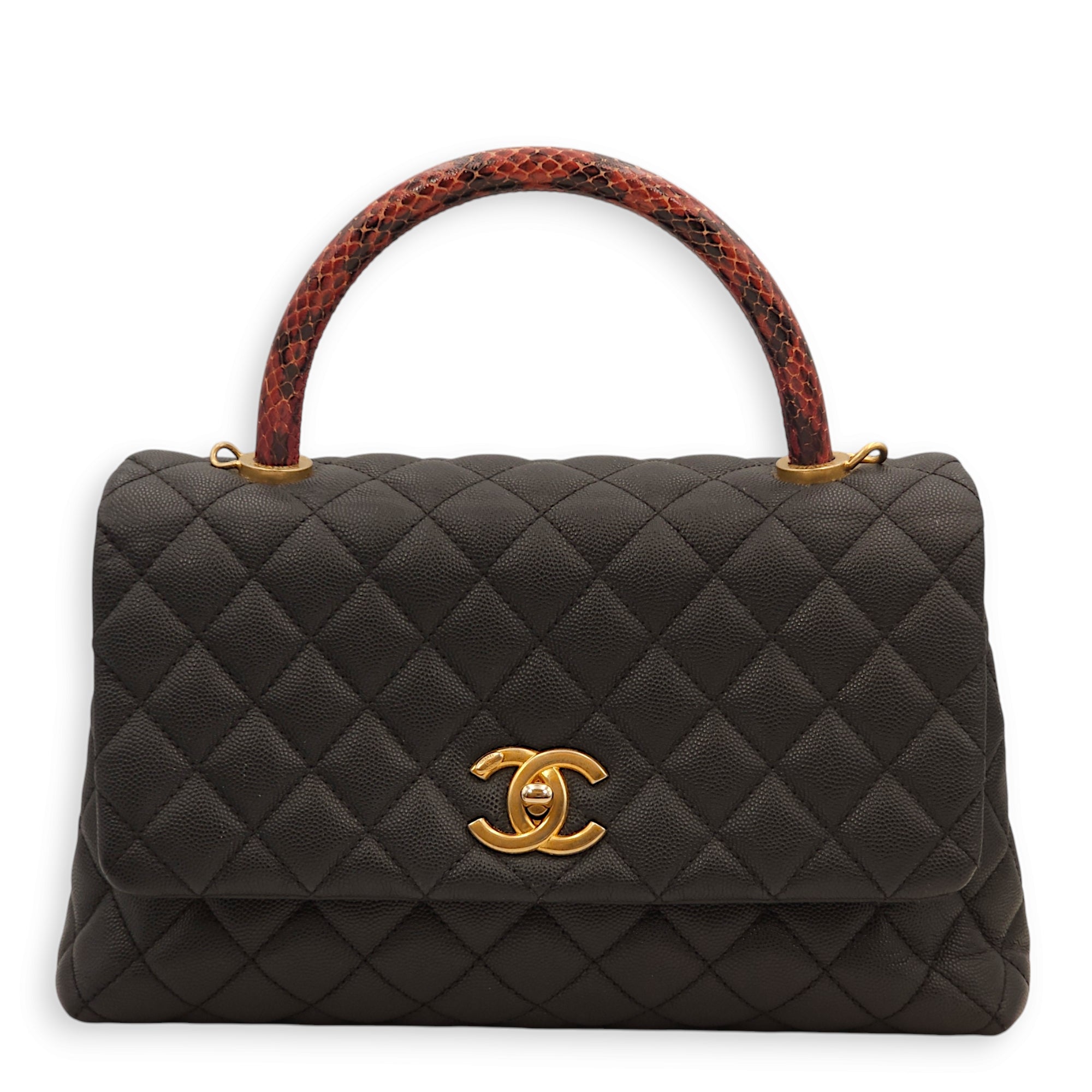 Coco Medium Black Top Handle Bag in Caviar Leather/Python Leather, Gold hardware