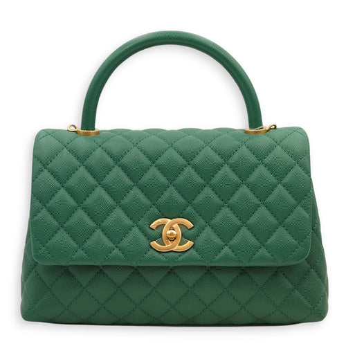 Coco Medium Green Top Handle Bag in Caviar Leather, Gold hardware