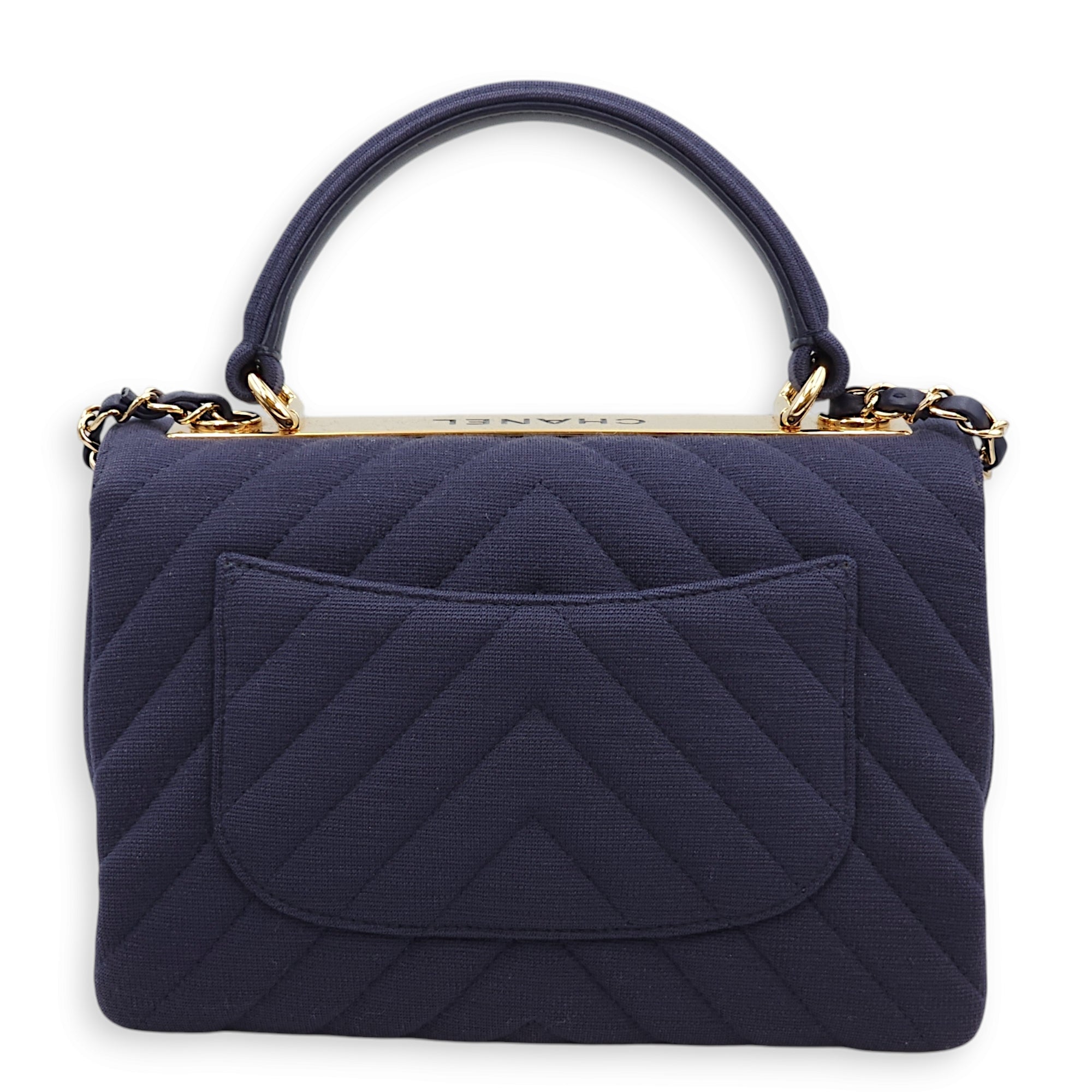 Chevron Trendy CC Small Blue Top Handle Bag in Jersey, Gold hardware