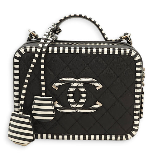 Filigree Vanity Medium Black, White Shoulder Bag in Caviar Leather, Silver hardware