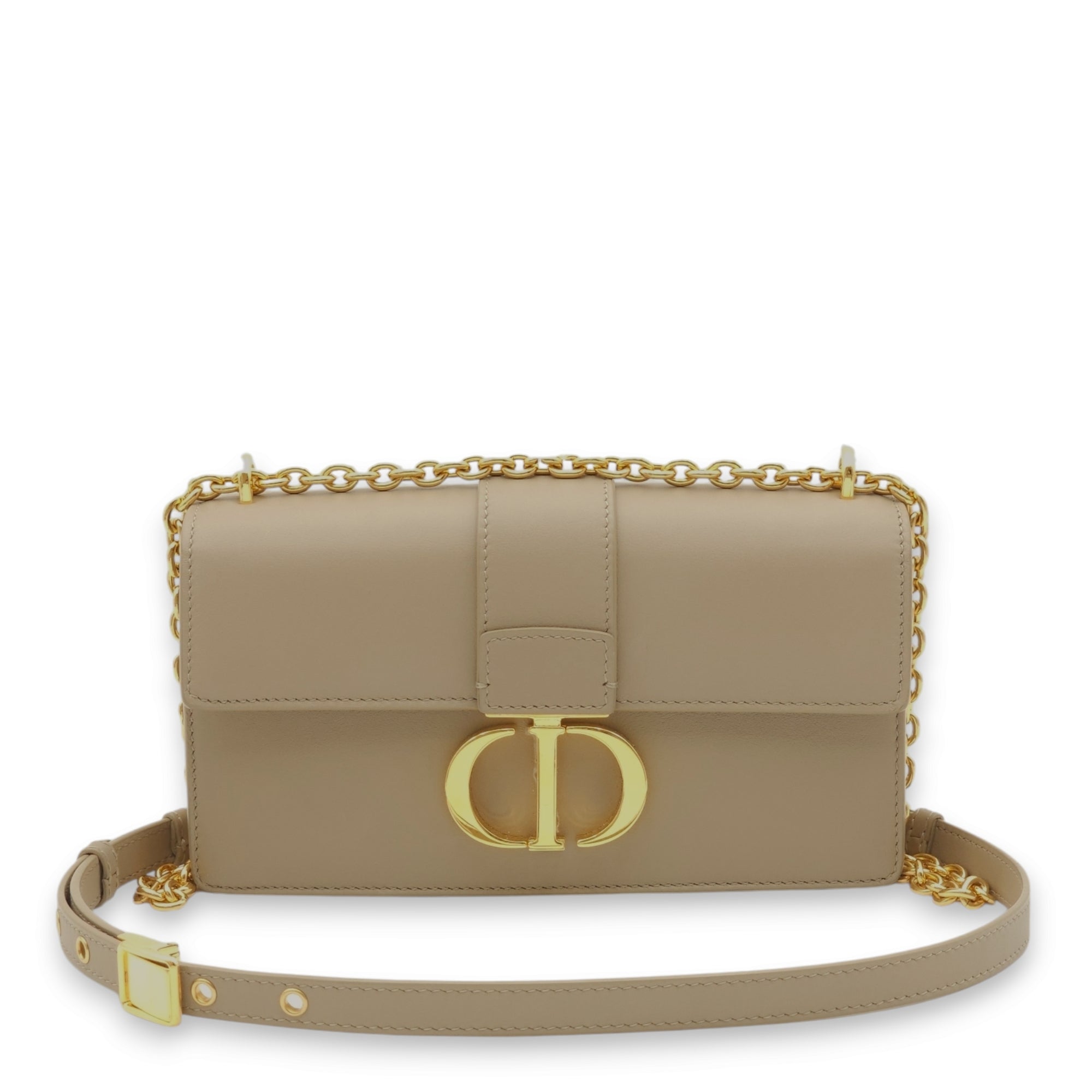 Montaigne East West Chain Flap Beige Crossbody Bag in Calfskin, Gold hardware