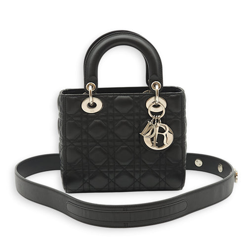 Lady Dior Small Black Top Handle Bag in Lambskin, Palladium hardware