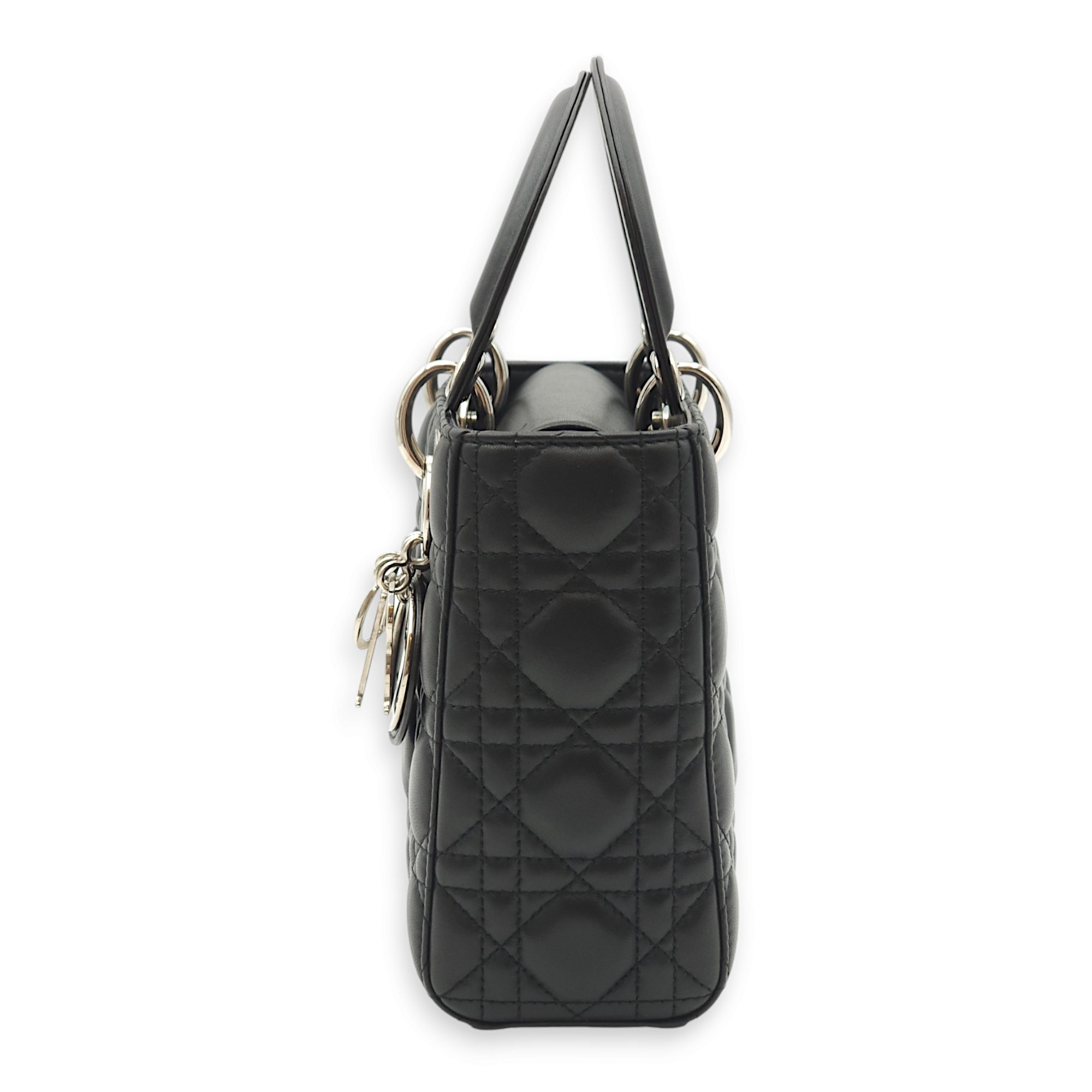 Lady Dior Small Black Top Handle Bag in Lambskin, Palladium hardware