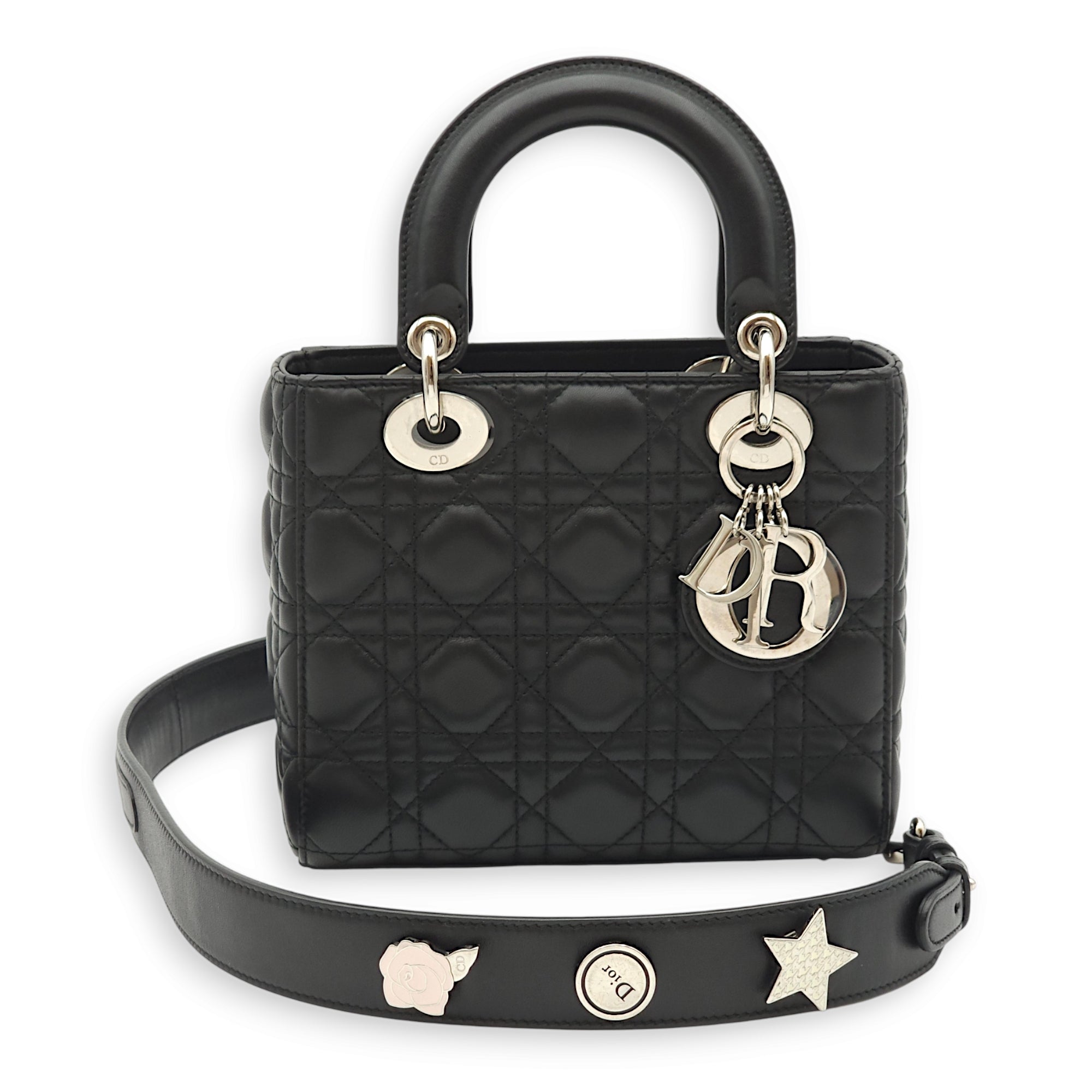 Lady Dior Small Black Top Handle Bag in Lambskin, Palladium hardware