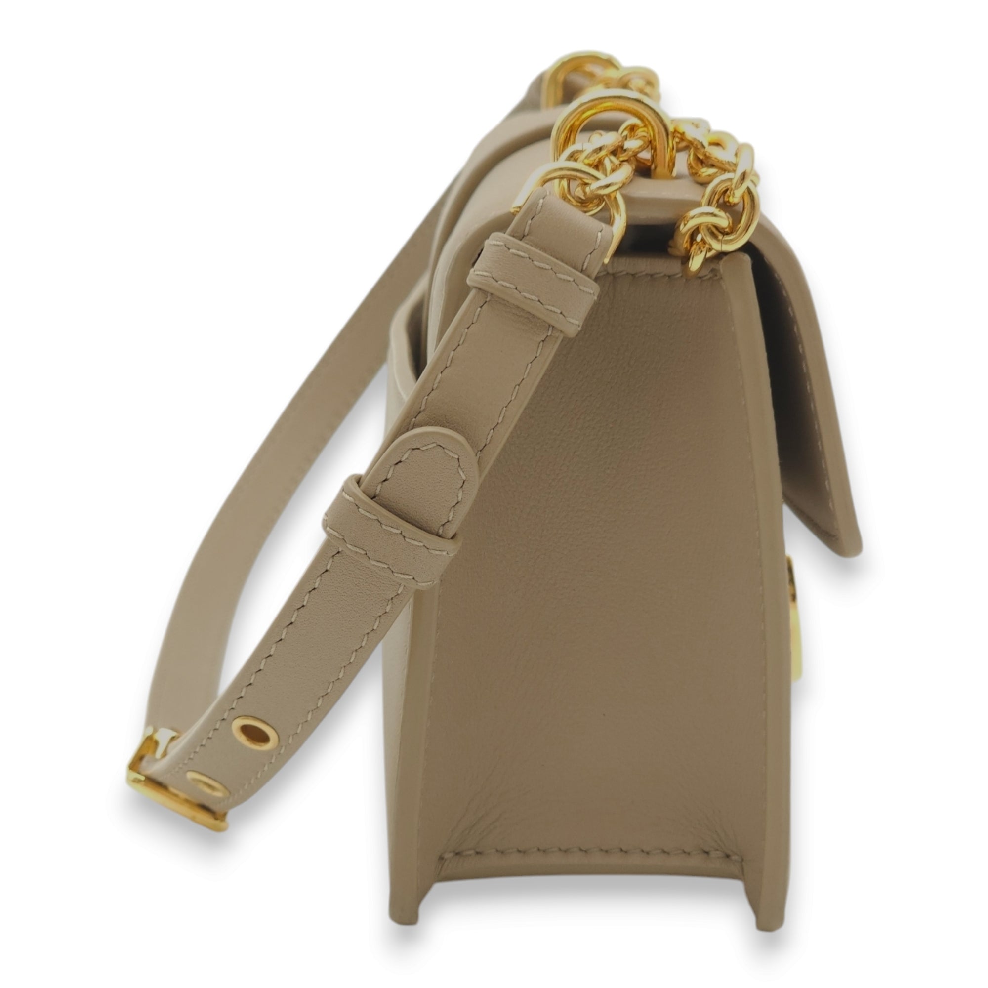 Montaigne East West Chain Flap Beige Crossbody Bag in Calfskin, Gold hardware