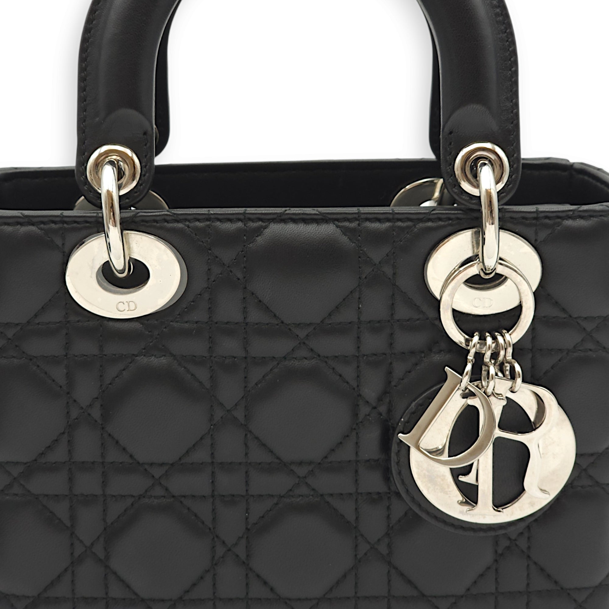 Lady Dior Small Black Top Handle Bag in Lambskin, Palladium hardware