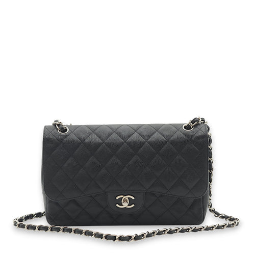 Classic Double Flap Jumbo Black Shoulder Bag in Caviar Leather, Palladium hardware