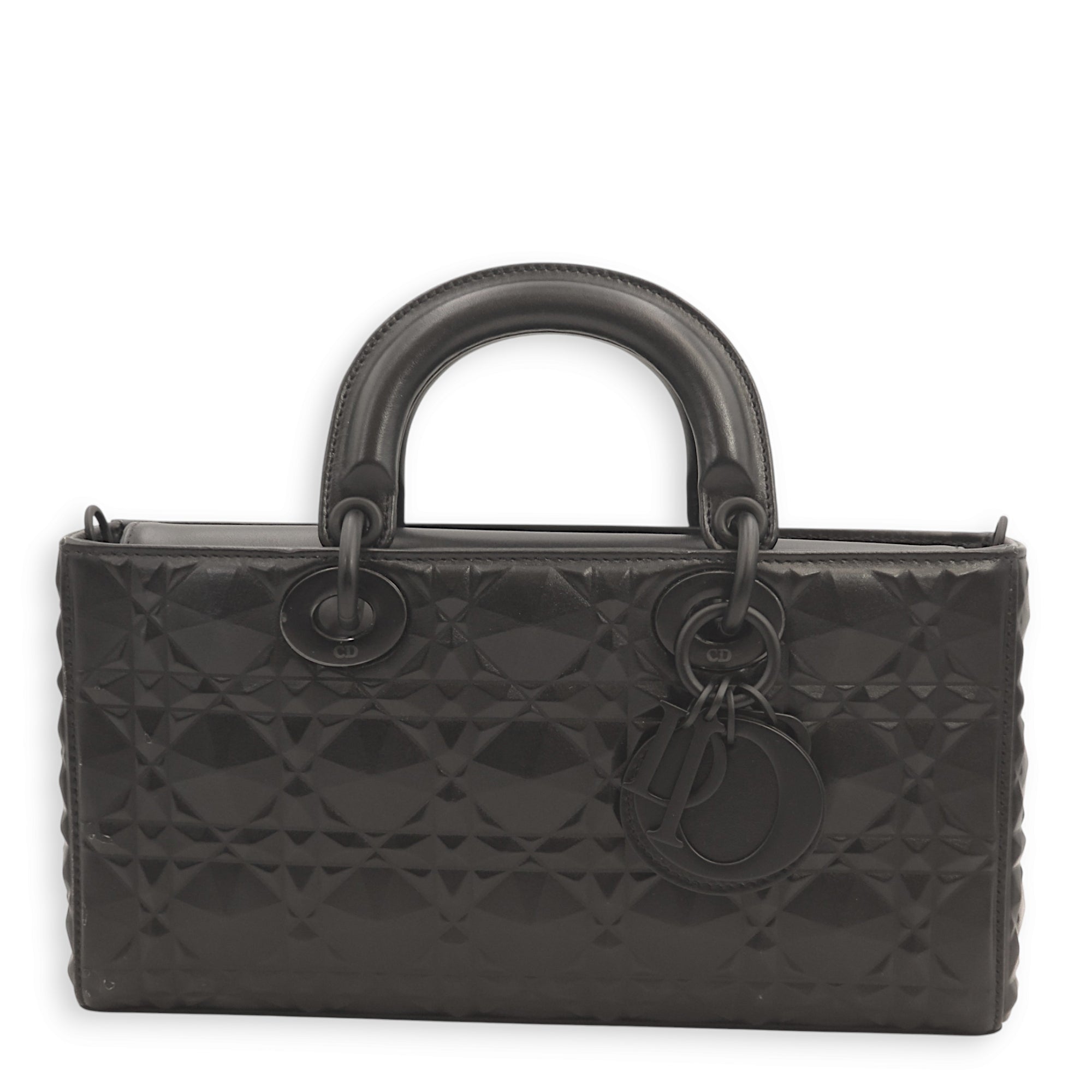 Lady D-Joy Ultramatte Black Top Handle Bag in Calfskin, Lacquered Metal hardware