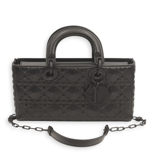 Lady D-Joy Ultramatte Black Top Handle Bag in Calfskin, Lacquered Metal hardware