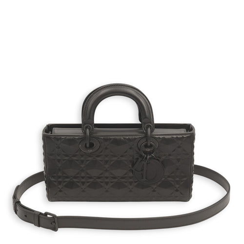 Lady D-Joy Ultramatte Black Top Handle Bag in Calfskin, Lacquered Metal hardware