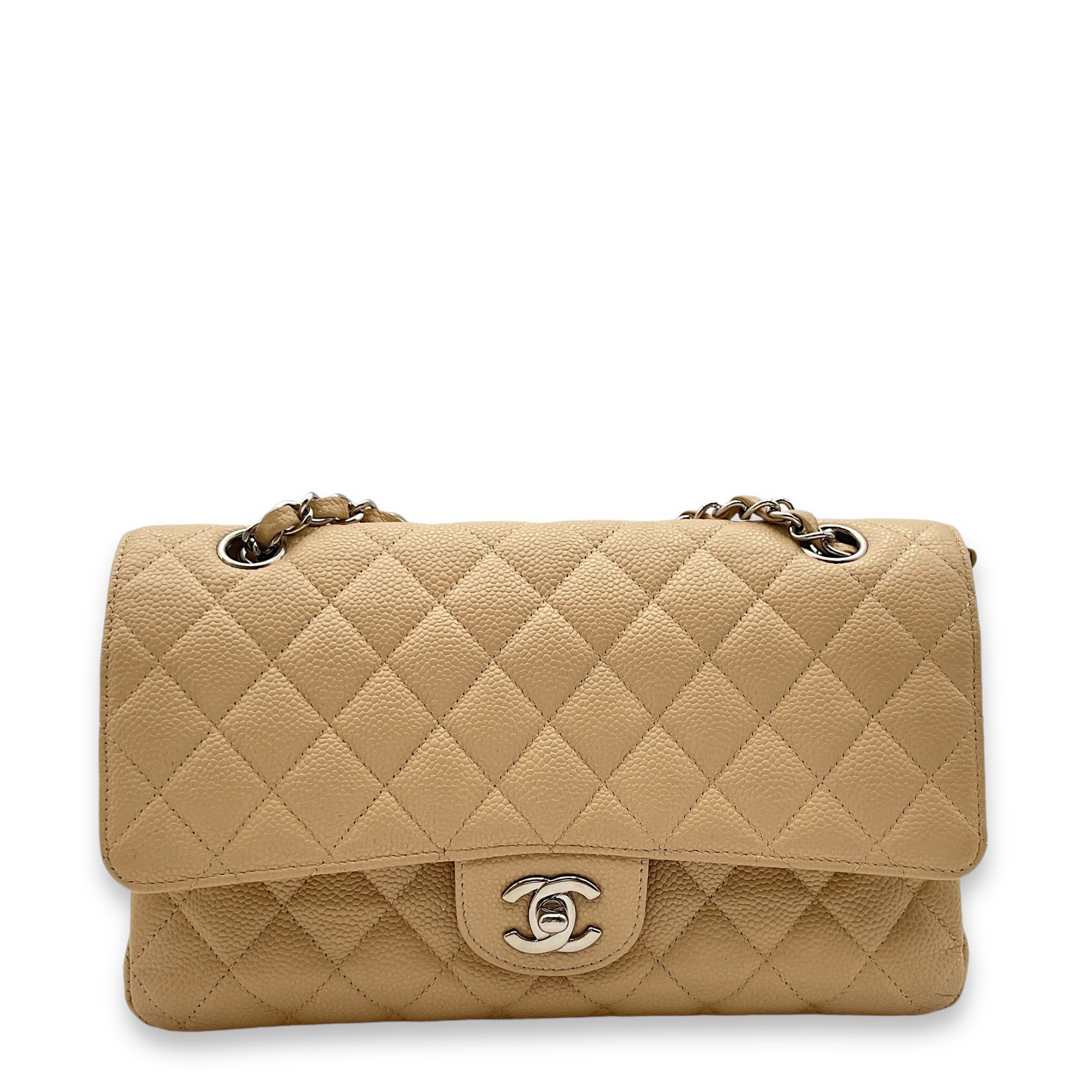 Classic Double Flap Beige Shoulder Bag in Caviar Leather, Silver hardware