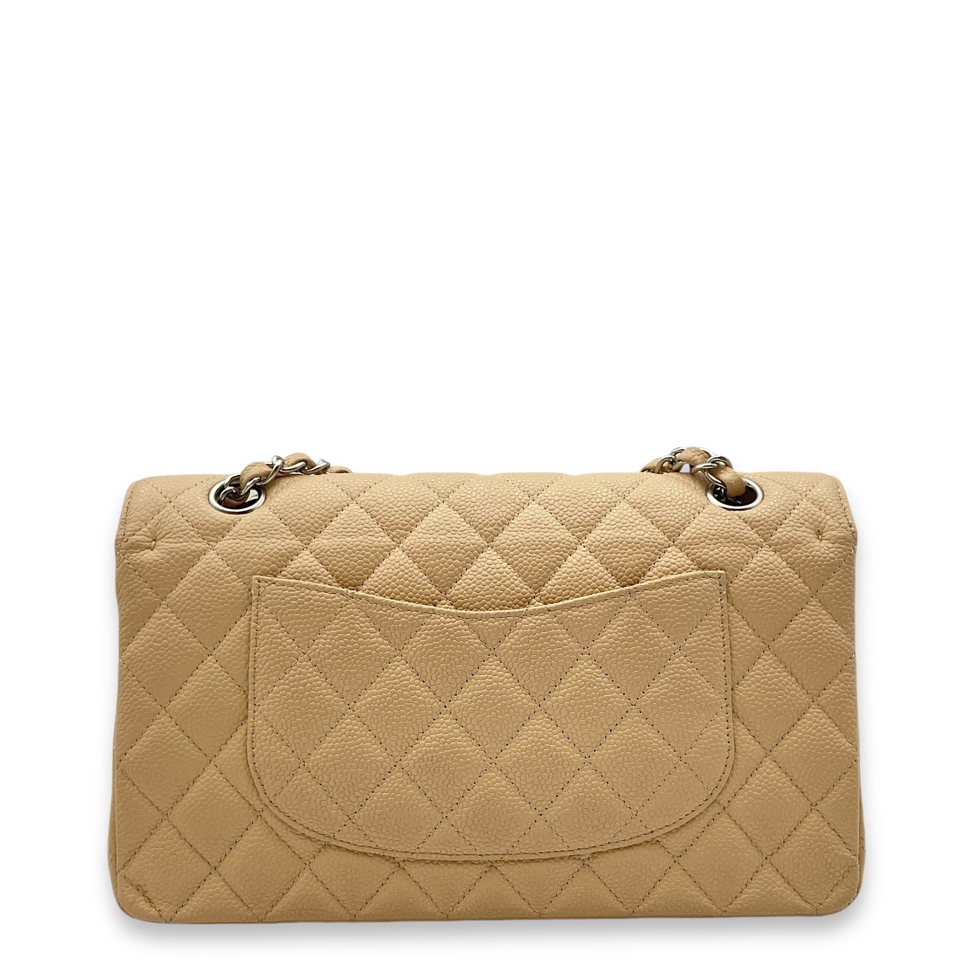 Classic Double Flap Beige Shoulder Bag in Caviar Leather, Silver hardware