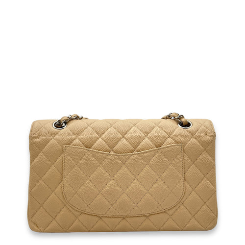 Classic Double Flap Beige Shoulder Bag in Caviar Leather, Silver hardware