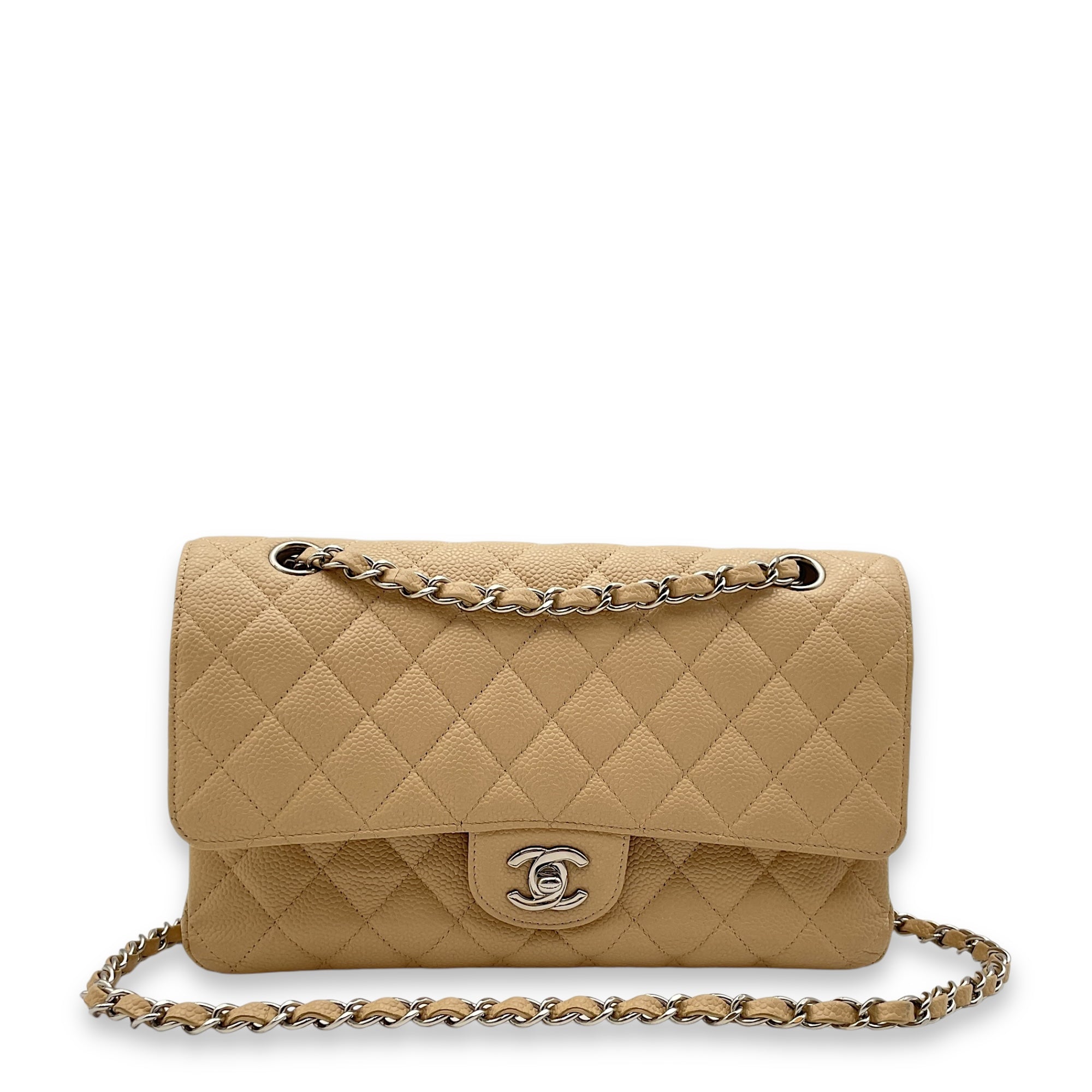 Classic Double Flap Beige Shoulder Bag in Caviar Leather, Silver hardware