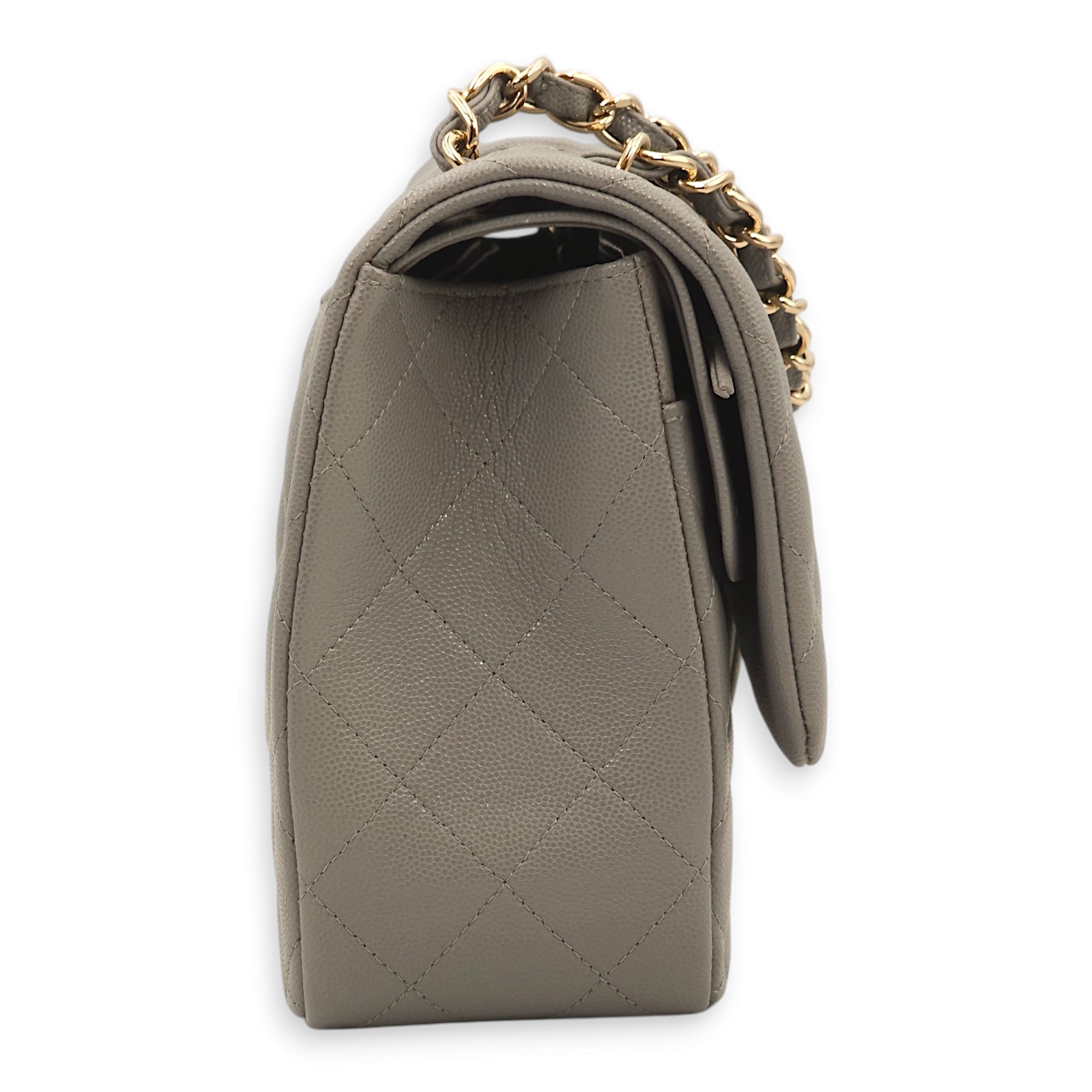 Classic Double Flap Grey Shoulder Bag in Caviar Leather, Gold hardware