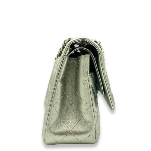 Classic Double Flap Metallic Green Shoulder Bag in Lambskin, Matte Ruthenium hardware