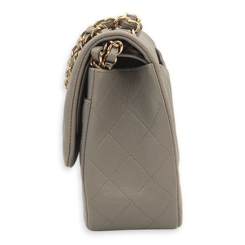 Classic Double Flap Grey Shoulder Bag in Caviar Leather, Gold hardware