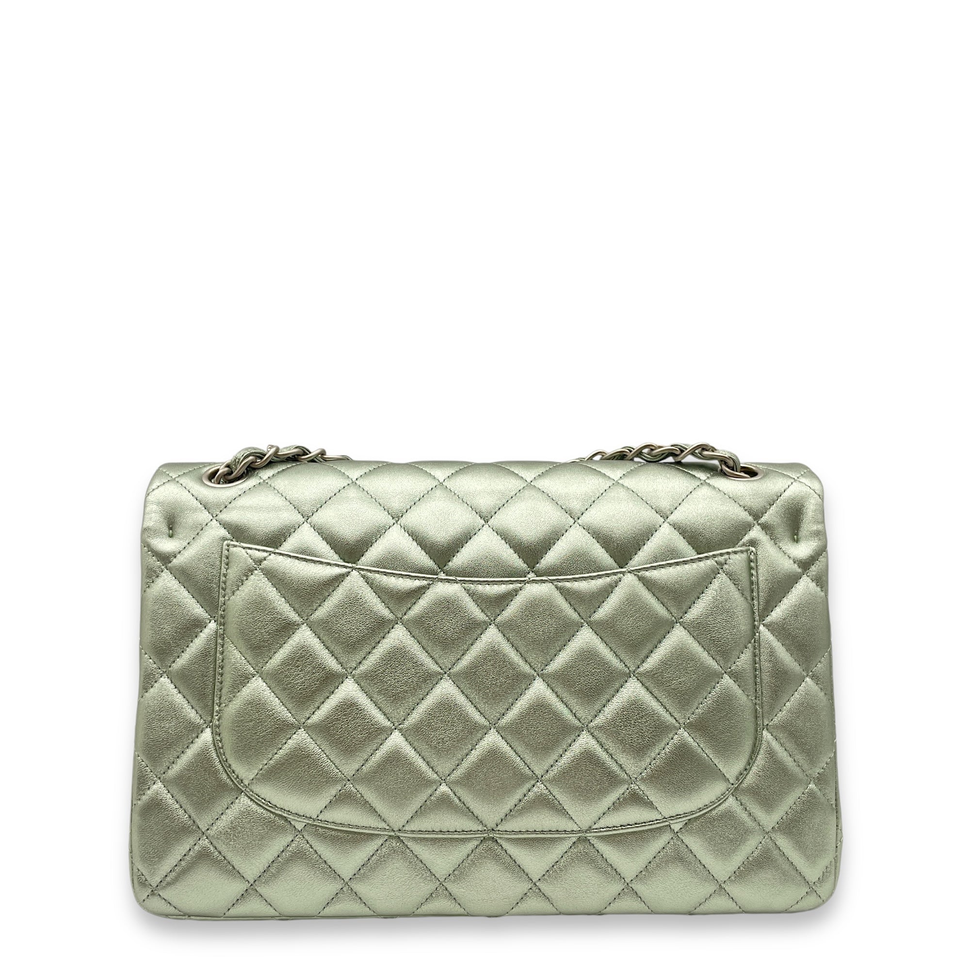 Classic Double Flap Metallic Green Shoulder Bag in Lambskin, Matte Ruthenium hardware