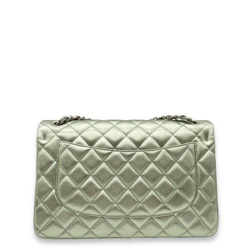 Classic Double Flap Metallic Green Shoulder Bag in Lambskin, Matte Ruthenium hardware