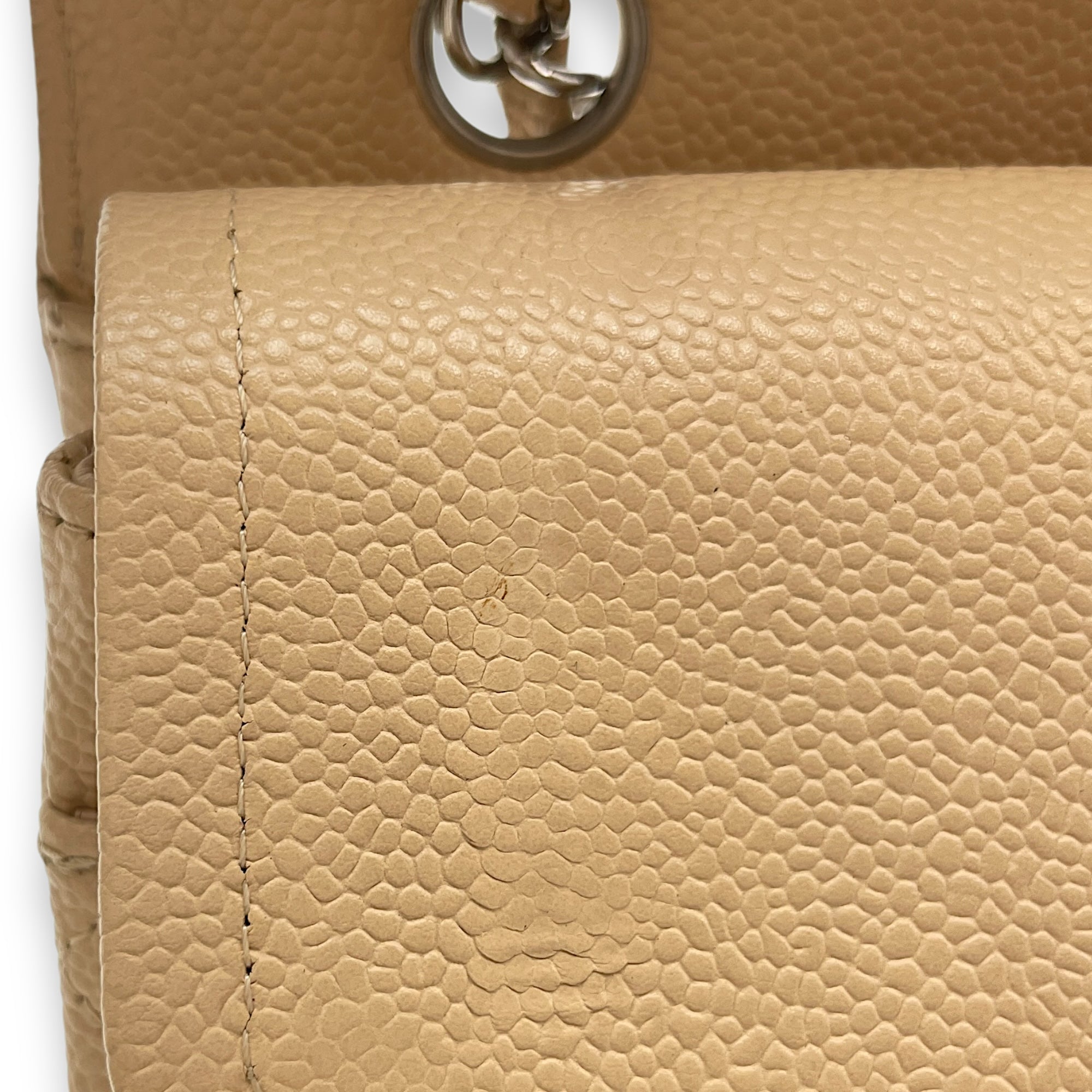 Classic Double Flap Beige Shoulder Bag in Caviar Leather, Silver hardware