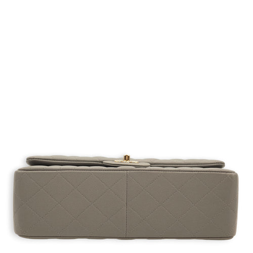 Classic Double Flap Grey Shoulder Bag in Caviar Leather, Gold hardware