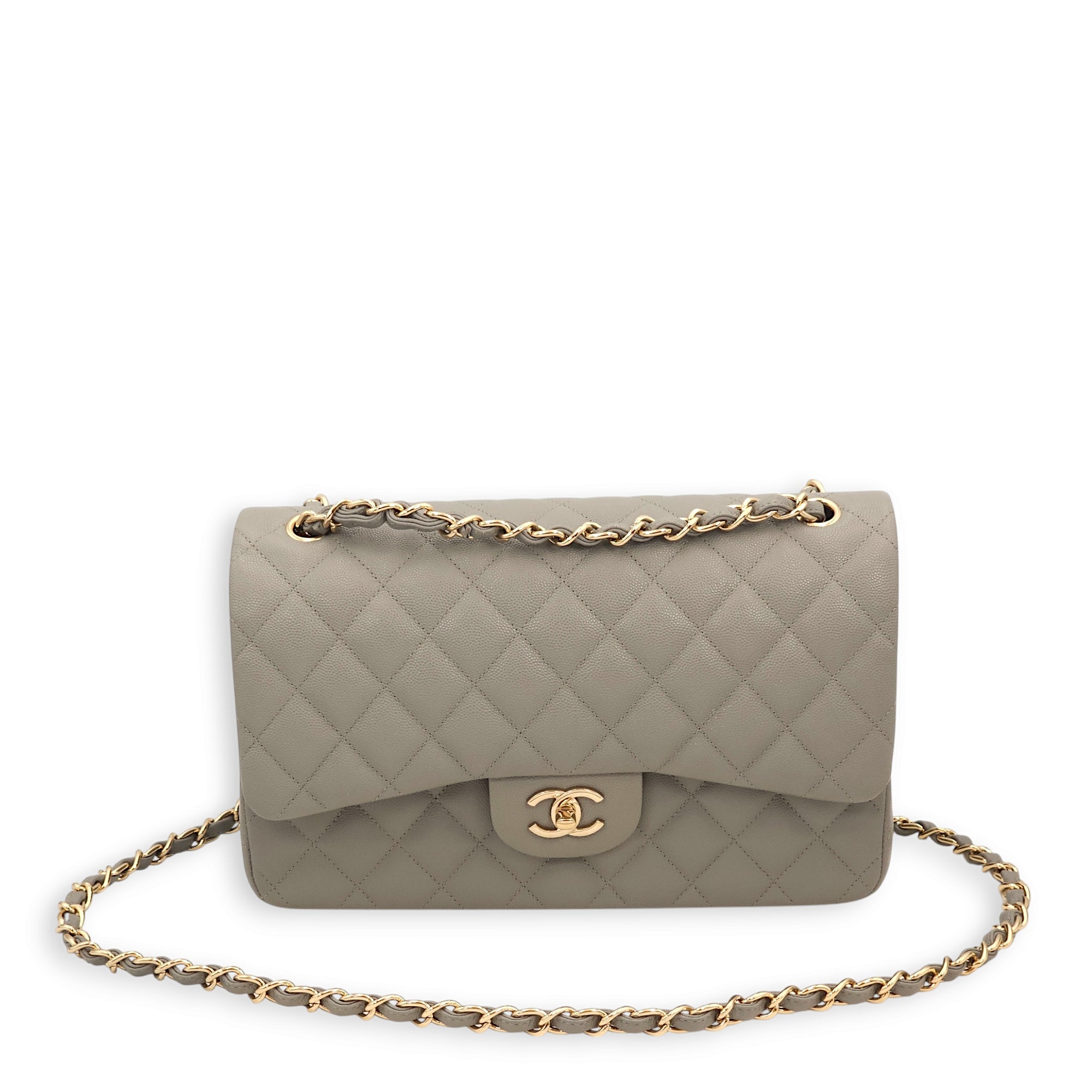 Classic Double Flap Grey Shoulder Bag in Caviar Leather, Gold hardware