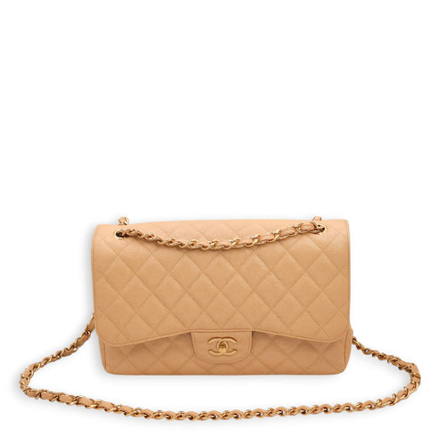 Classic Double Flap Iridescent Beige Shoulder Bag in Caviar Leather, Gold hardware