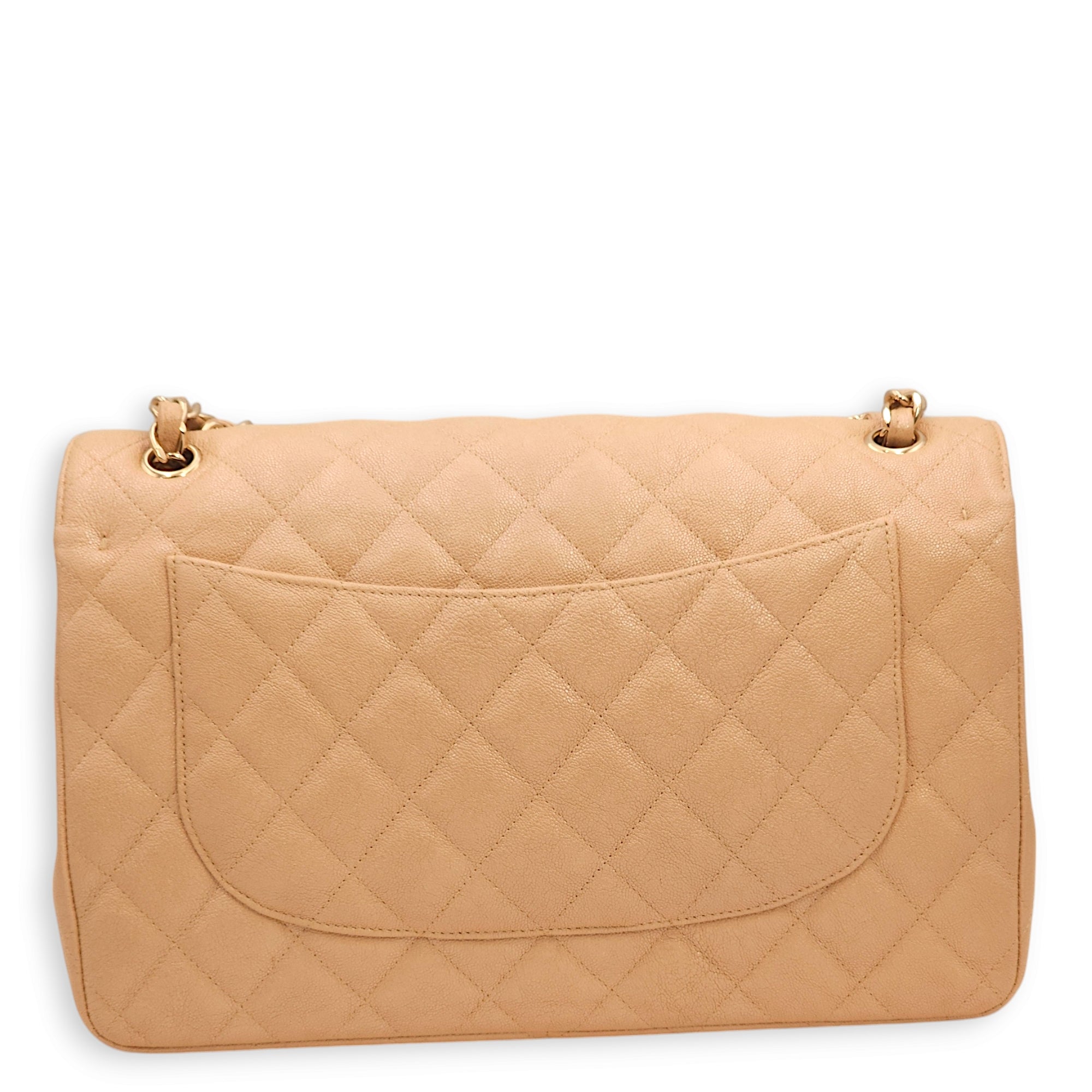 Classic Double Flap Iridescent Beige Shoulder Bag in Caviar Leather, Gold hardware