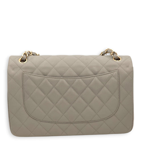 Classic Double Flap Grey Shoulder Bag in Caviar Leather, Gold hardware