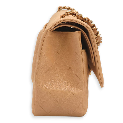 Classic Double Flap Iridescent Beige Shoulder Bag in Caviar Leather, Gold hardware