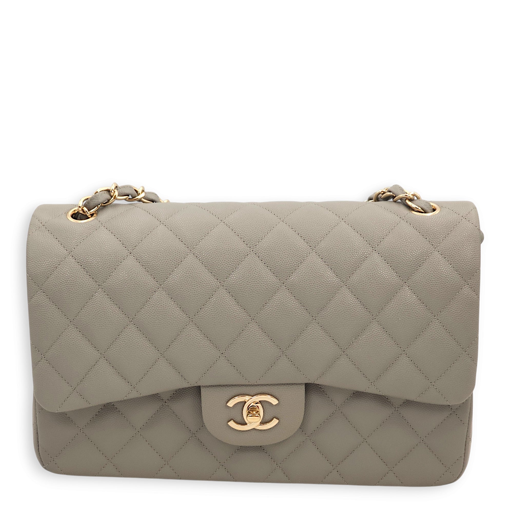 Classic Double Flap Grey Shoulder Bag in Caviar Leather, Gold hardware