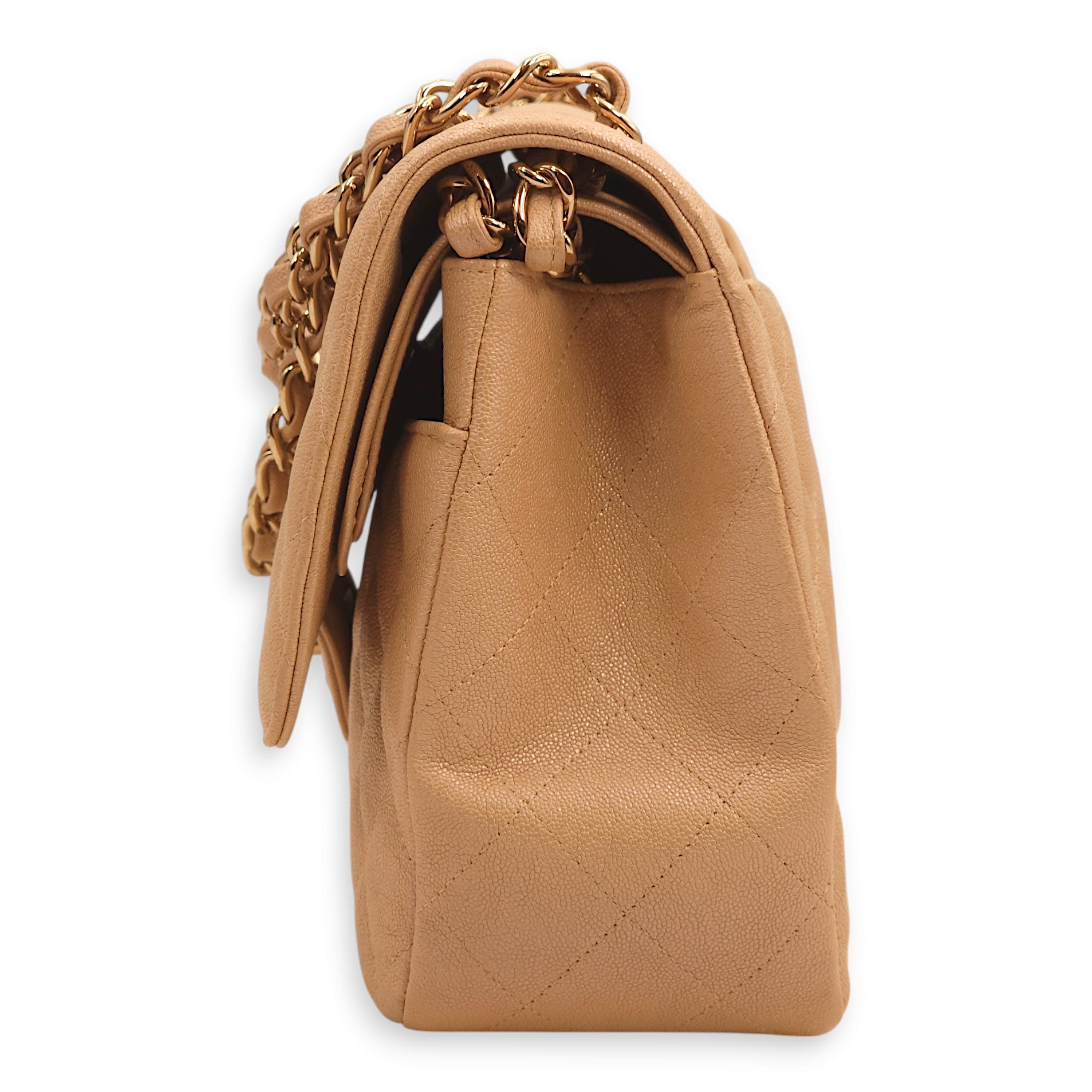 Classic Double Flap Iridescent Beige Shoulder Bag in Caviar Leather, Gold hardware