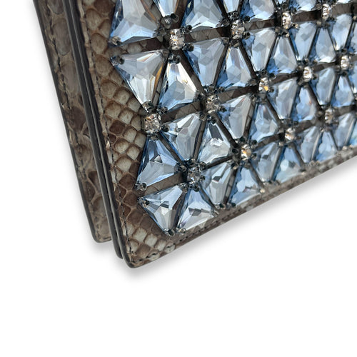 Python Crystals Brown Clutch in Python Leather, Silver hardware