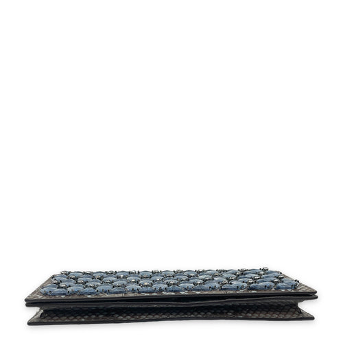 Python Crystals Brown Clutch in Python Leather, Silver hardware