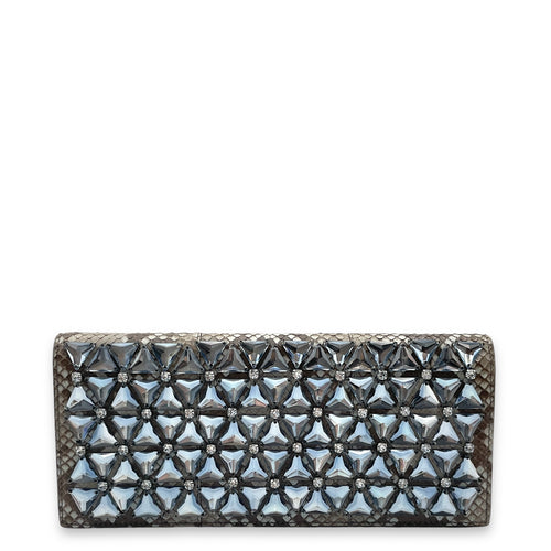 Python Crystals Brown Clutch in Python Leather, Silver hardware