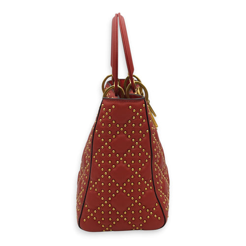 Beaded Lady Dior Red Top Handle Bag in Calfskin, Gold hardware